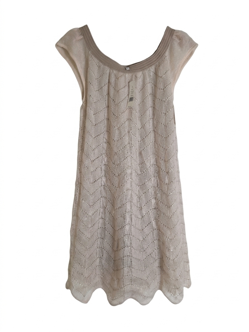 IISLI New York Chevron Pointelle Knit Dress Shimmer Metallic Cream Scallop Sz M